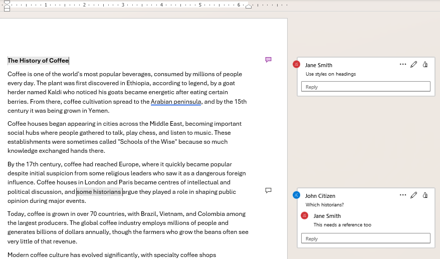 Comments in contextual view in Word